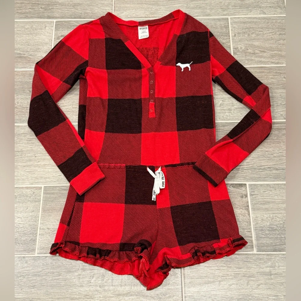 Victoria’s Secret PINK Buffalo Plaid Thermal Sleepwear Romper. Size Medium. - Picture 4 of 11